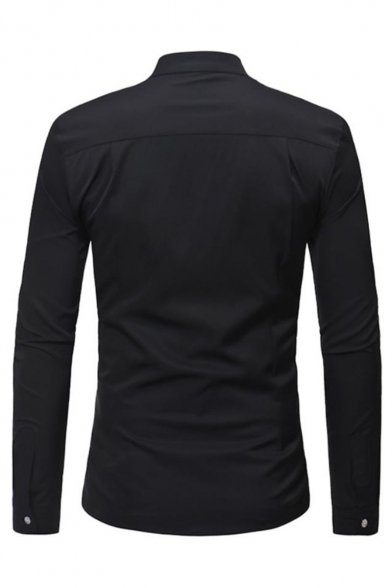 Men's Basic Simple Plain Placket Button-Up Stand Collar Long Sleeve Cotton Shirt