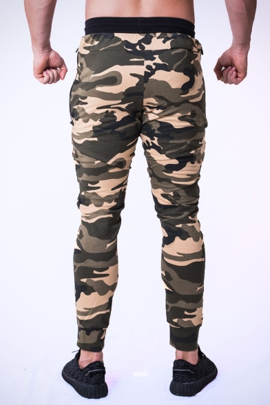 Men's Cool Fashion Camouflage Logo Printed Drawstring Waist Sports Cotton Pencil Pants