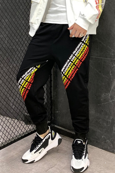 Men's Cool Fashion Contrast Letter Printed Black Casual Loose Track Pants
