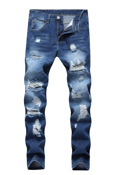 Men's Hot Fashion Simple Plain Light Washed Cool Distressed Ripped Jeans