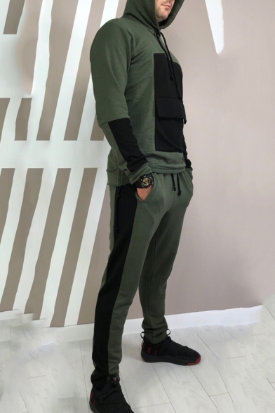 Men's New Fashion Colorblock Patched Long Sleeve Drawstring Hoodie Sports Sweatpants Casual Two-Piece Set