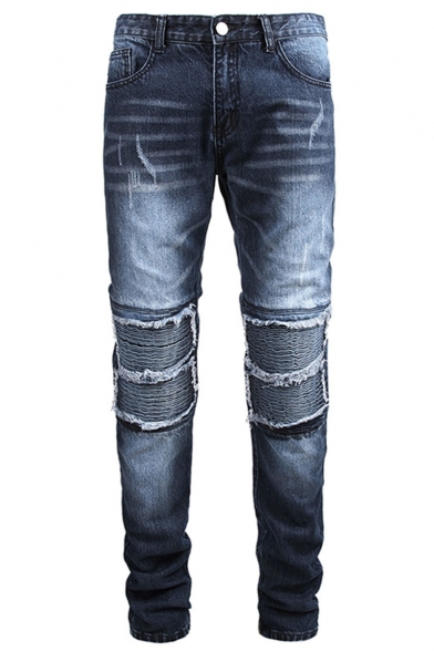 Men's New Fashion Trendy Pleated Patched Dark Blue Distressed Ripped Jeans