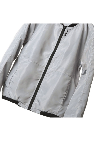 Men's Simple Plain Stand Collar Button Detail Zipper Front Grey Jacket