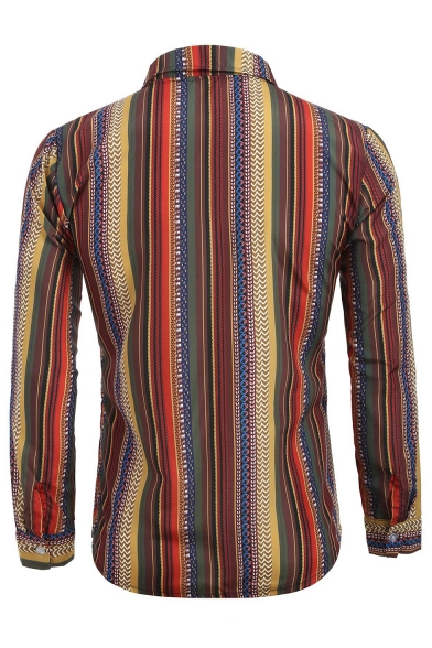 Men's New Stylish Vintage Striped Printed Lapel Collar Long Sleeve Casual Button-Up Shirt