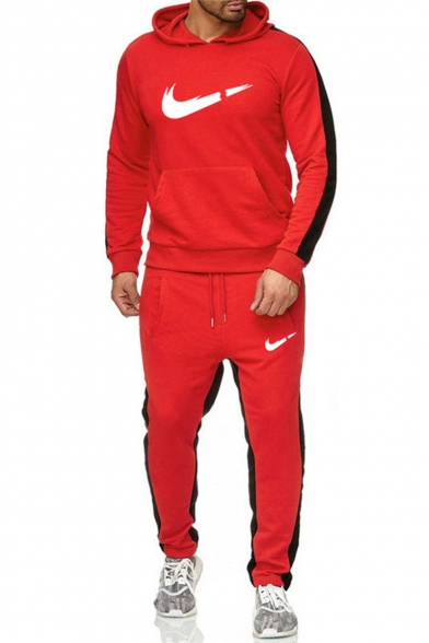Men's Popular Fashion Colorblock Patched Side Logo Printed Drawstring Hoodie Sports Sweatpants Casual Two-Piece Set