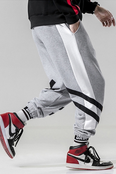 Men's Trendy Colorblock Stripe Pattern Drawstring Waist Elastic Cuffs Hip Pop Track Pants