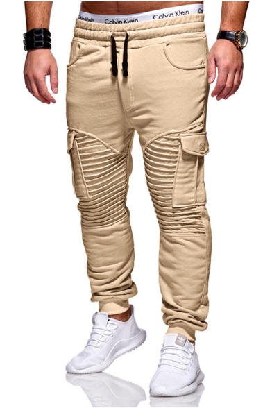Mens Hot Fashion Solid Color Pleated Patched Drawstring Waist Slim Casual Cargo Pants with Side Pockets