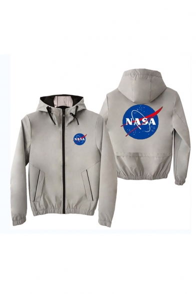 Mens Letter NASA Print Long Sleeve Zip Up Fitted Casual Jacket