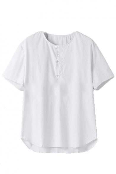 Mens Plain Short Sleeve Frog Button Front Cotton Linen Henley T Shirt