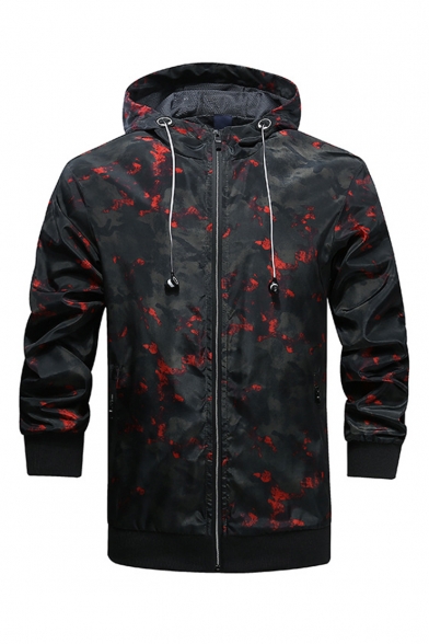 Mens Outdoor Fashion Camo Pattern Long Sleeve Protection Zip Up Hooded Sport Jacket Coat