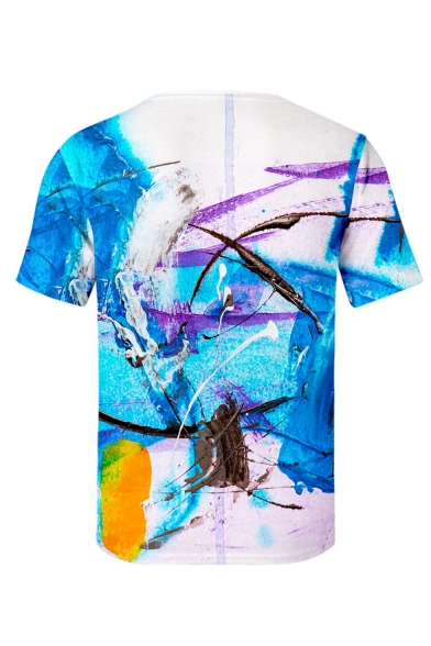 Mens Summer Funny Painting Print Short Sleeve Round Neck Casual Blue T-Shirt