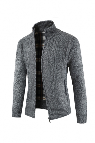 Mens Winter Hot Popular Stand Collar Plain Warm Cable Knitted Slim Fit Zip Up Cardigan Knitwear