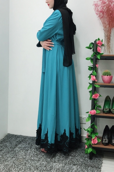 Moslem Fashion Round Neck Long Sleeve Bow-Tied Waist Lace Panelled Plain Pleated A-Line Maxi Dress
