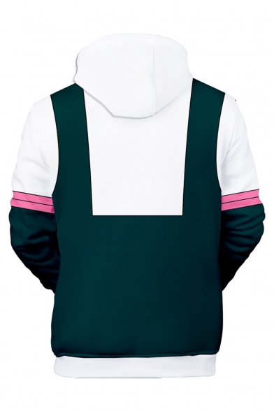 White and Green 3D Printed Colorblocked Long Sleeve Loose Fitted Drawstring Hoodie