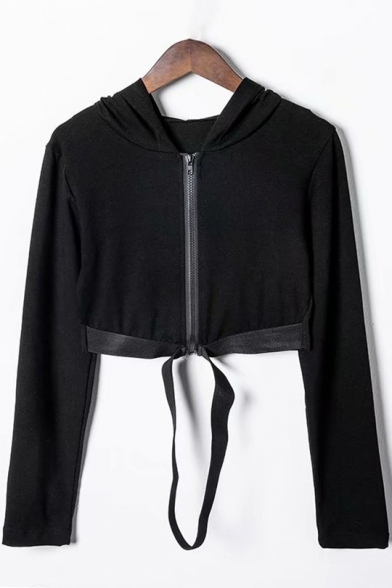 New Arrival Black Long Sleeve Zip Front Cutout Knitted Strap Cropped Hoodie