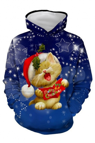 New Arrival Lovely Cat 3D Printed Long Sleeve Loose Fit Unisex Blue Hoodie