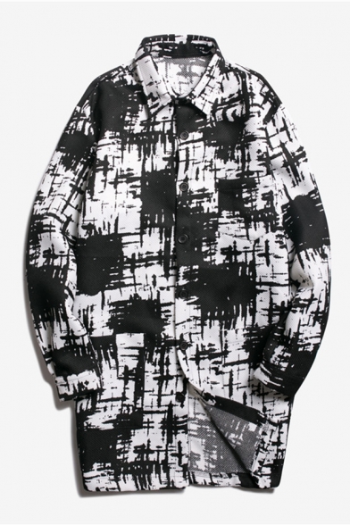 New Arrival Popular Ink Print Lapel Sleeve Long Sleeve Single Breasted Longline Trench   Fleece Jacket