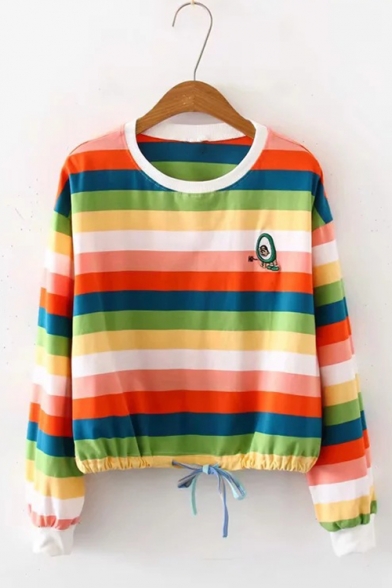 New Fashion Avocado Embroidered Round Neck Long Sleeve Colorful Striped Sweatshirt