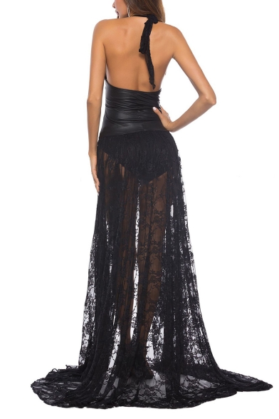 New Fashion Halter Sleeveless Lace-Trimmed Plain Asymmetrical Floor Length Dress