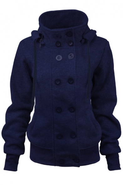 New Fashion High Collar Double Breasted Removable hood Long Sleeve Plain Tailored Fit Padded Coat