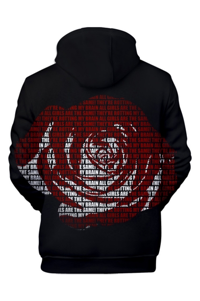 New Fashion Letter Rose 3D Printed Long Sleeve Loose Fit Unisex Black Drawstring Hoodie