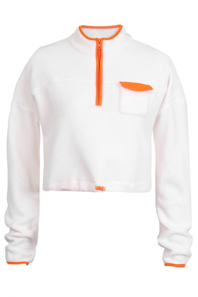 New Fashion White Half-Zip Stand Collar Long Sleeve Plain Cropped Sweatshirt With Pocket