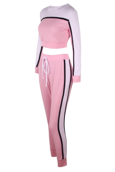 New Stylish Color Block Long Sleeve Crop Tee with Slim Fit Joggers Pants Two-Piece Set