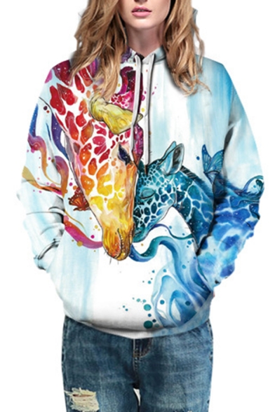 New Stylish Giraffe 3D Printed Long Sleeve Loose Fit Light Blue Drawstring Pullover Hoodie