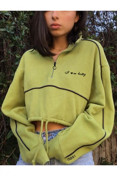 New Stylish Letter Embroidered Zippered Lapel Collar Lantern Cropped Pullover Green Sweatshirt