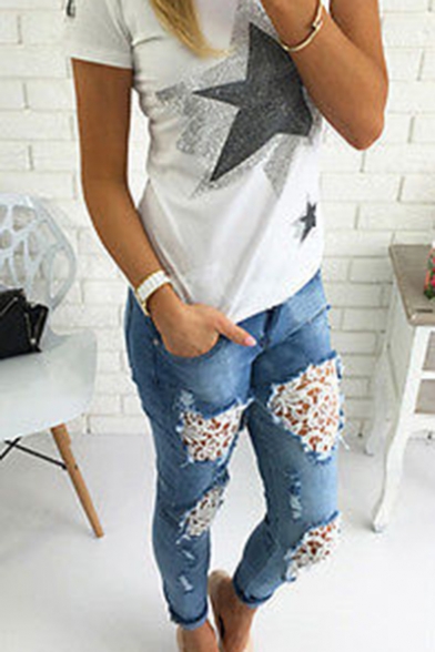 New Stylish Mid Waist Distressed Lace-Trimmed Ankle-Cuff Pockets Ankle Grazer Jeans