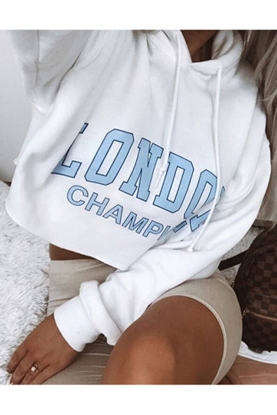 New Stylish White LONDON CHAMPION Letter Printed Long Sleeve Cropped Drawstring Hoodie
