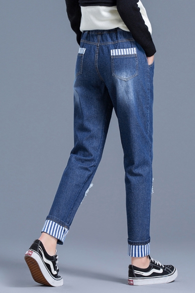 New Trendy Drawstring High Waist White Appliques Striped Contrast Cuff Pockets Straight Leg Jeans