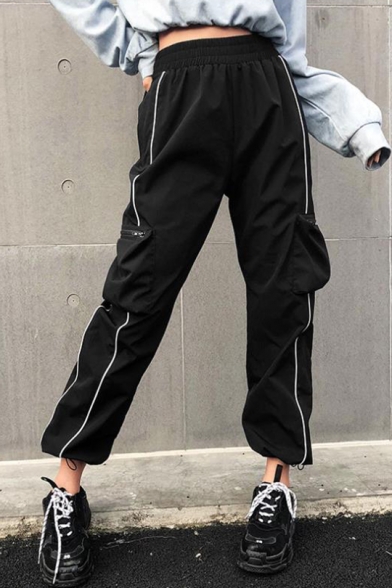 New Trendy Mid Elastic Waist Contrast Piping Elastic Ankle Detail Pockets Loose Pants