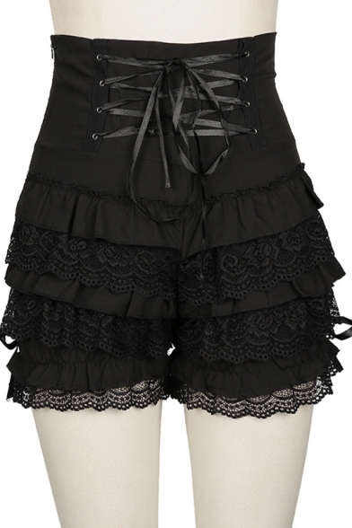 Plain High Waist Lace Up Front Layer Lace Hem Vintage Mini Skirt