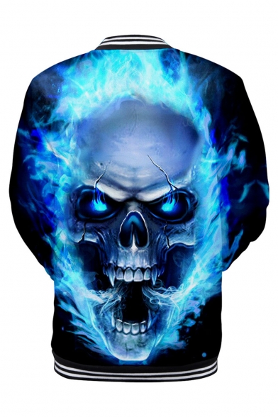 Popular 3D Skull Pattern Stand Collar Long Sleeve Blue Unisex Baseball Jacket