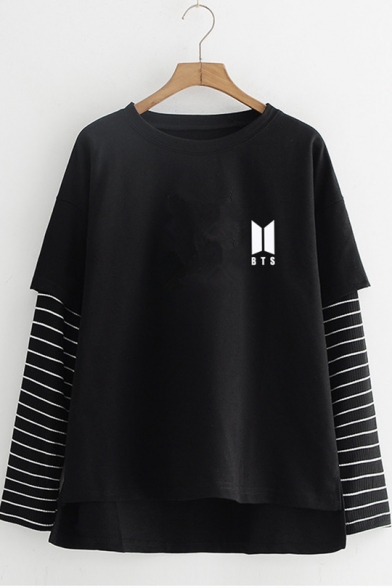 Popular Kpop Galaxy Logo Striped Patched Long Sleeve Loose T-Shirt