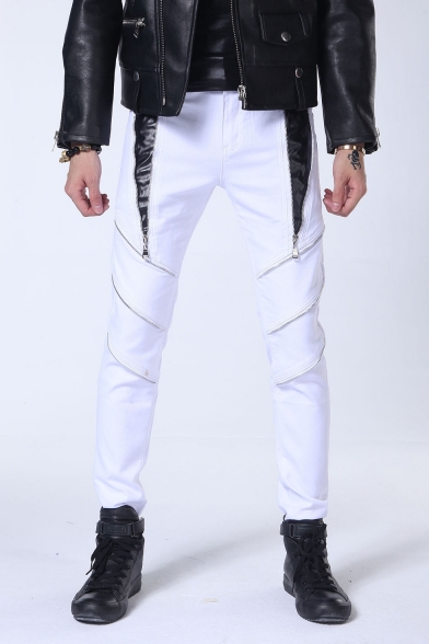 Punk Style New Fashion Colorblock Patched Multiple Zipper Embellished Slim Fit Mens Trendy Pencil Pants