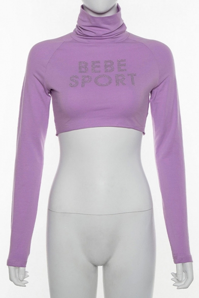 Purple Long Sleeve High Neck Bebe Sport Letter Hot Drill Embellished Cropped Tee Beautifulhalo Com