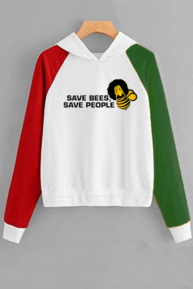SAVE BEES SAVE PEOPLE Letter Bee Printed Long Sleeve Color Block Pullover Hoodie