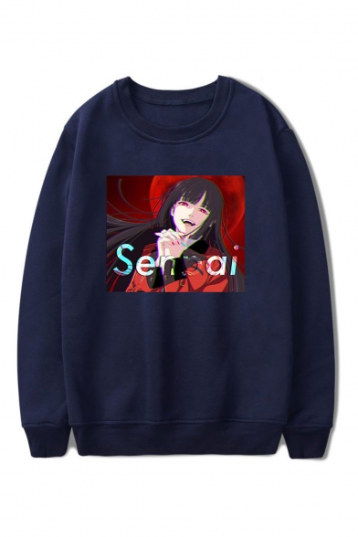 SENPAI Letter Comic Figure Printed Round Neck Long Sleeve Loose Fit Unisex Pullover Hoodie