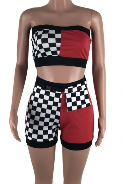Sexy Hot Strapless Sleeveless Cropped Top Elastic Waist Shorts Colorblock Check Printed Co-ords