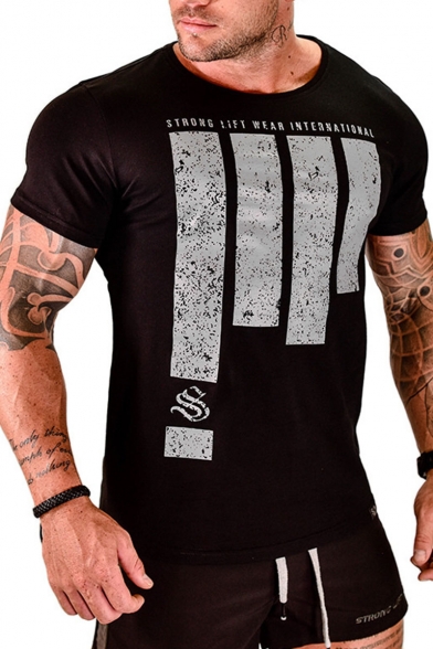 Short Sleeve Round Neck Letter Printed Stretch Slim Fitted Mens Tee