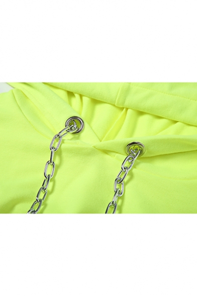 Simple Plain Long Sleeve Metal Chain Fluorescent Drawstring Cropped Hoodie