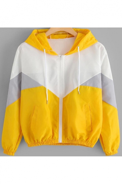 Simple Women Fashion Colorblocked Zip Up Drawstring Hooded Sport Jacket Coat