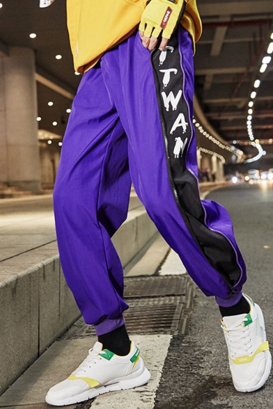 Street Style Trendy Colorblock Patched Side Letter TTWAN Printed Purple Casual Loose Track Pants For Guys