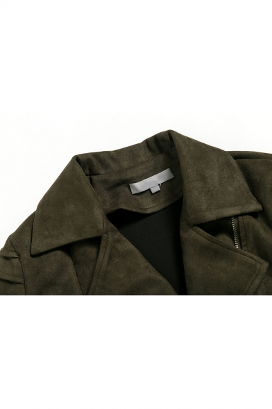 Stylish Notched Lapel Suede Zip-Cuffs Long Sleeve Short Oblique Zipper Plain Jacket