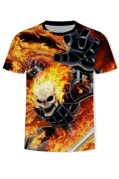 Summer Cool Skull Fire Print Short Sleeve Round Neck Relaxed T-Shirt For Men