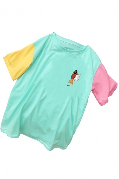 Summer Colorblock Patch Sleeve Round Neck Lion Pocket Printed Cute T-Shirt
