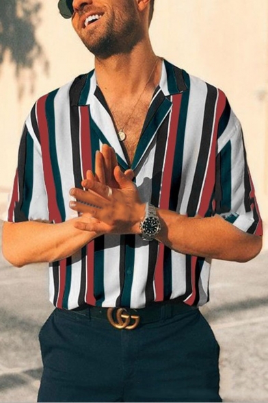 Summer Lapel Collar Striped Print Button Down Casual Loose Shirt