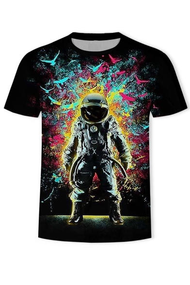 Summer Hot Stylish Black Short Sleeve Round Neck Astronaut Printed Mens T Shirt